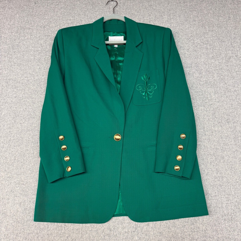 Nordstrom Town Square Skirt Suit Size 12 Green Wool Blazer Gold Button Vintage